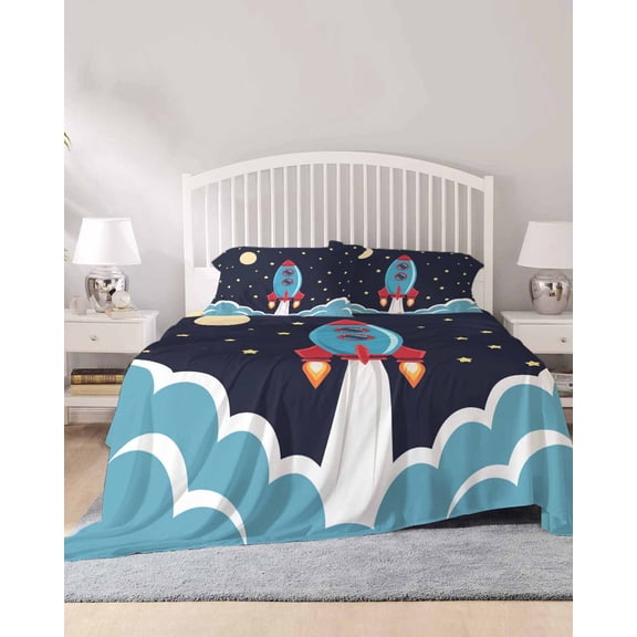 4 Piece Full Sheet Set Cartoon Rocket Sheets Set for Full Size Bed, Breathable Soft Microfiber Bed Sheets Cooling Chic Cute Funny Stars Moon Sky Clouds Fitted Sheet Deep Pocket, Pillowcases