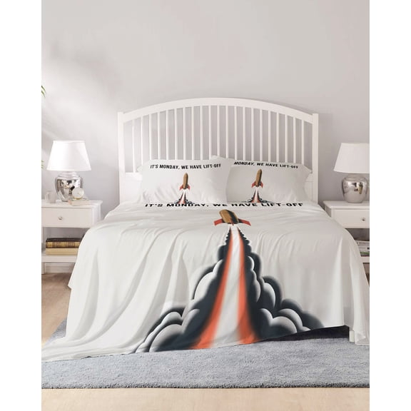 4 Piece Full Sheet Set Cartoon Rockets Sheets Set for Full Size Bed, Breathable Soft Microfiber Bed Sheets Cooling Letters It's Monday We Have Lift-off Fitted Sheet Deep Pocket, Pillowcases