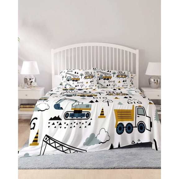 4 Piece Full Sheet Set Cartoon Tractor Sheets Set for Full Size Bed, Breathable Soft Microfiber Bed Sheets Cooling Cute Grey Digger Shovel Truck Fitted Sheet Deep Pocket, Pillowcases