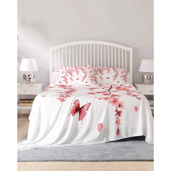 4 Piece Full Sheet Set Cherry Blossoms Sheets Set for Full Size Bed, Breathable Soft Microfiber Bed Sheets Cooling Spring Botanical Flowers Watercolor Fitted Sheet Deep Pocket, Pillowcases