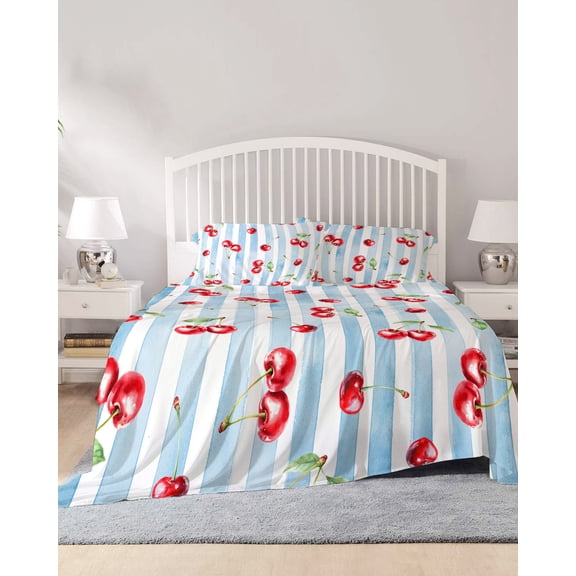 4 Piece Full Sheet Set Cherry Farmhouse Sheets Set for Full Size Bed, Breathable Soft Microfiber Bed Sheets Cooling Spring Summer Fruit Blue Striped Fitted Sheet Deep Pocket, Pillowcases