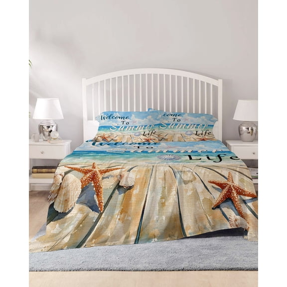 4 Piece Full Sheet Set Coastal Beach Sheets Set for Full Size Bed, Breathable Soft Microfiber Bed Sheets Cooling Retro Summer Ocean Wave Starfish Shell Fitted Sheet Deep Pocket, Pillowcases