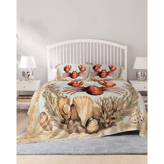 4 Piece Full Sheet Set Coastal Lobster Sheets Set for Full Size Bed, Breathable Soft Microfiber Bed Sheets Cooling Vintage Beach Coral Shell Nautical Fitted Sheet Deep Pocket, Pillowcases