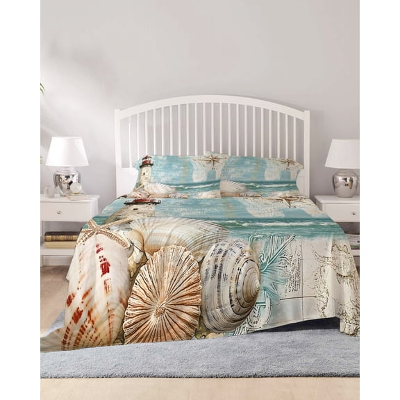 4 Piece Full Sheet Set Coastal Nautical Sheets Set for Full Size Bed, Breathable Soft Microfiber Bed Sheets Cooling Summer Beach Wave Starfish Shell Fitted Sheet Deep Pocket, Pillowcases