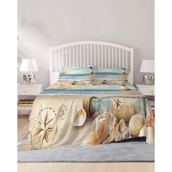 4 Piece Full Sheet Set Coastal Nautical Sheets Set for Full Size Bed, Breathable Soft Microfiber Bed Sheets Cooling Summer Ocean Beach Wave Compass Fitted Sheet Deep Pocket, Pillowcases
