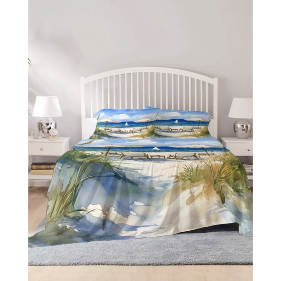 4 Piece Full Sheet Set Coastal Nautical Wave Sheets Set for Full Size Bed, Breathable Soft Microfiber Bed Sheets Cooling Ocean Oil Painting Beach Plant Fitted Sheet Deep Pocket, Pillowcases