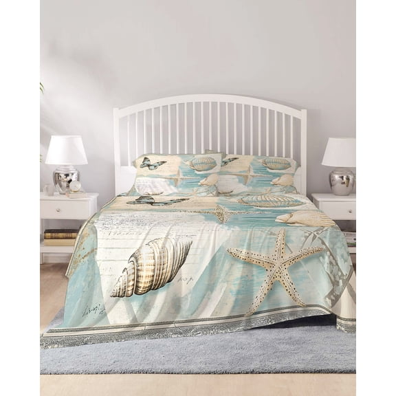 4 Piece Full Sheet Set Coastal Sheets Set for Full Size Bed, Breathable Soft Microfiber Bed Sheets Cooling Butterfly Summer Beach Nautical Conch Starfish Fitted Sheet Deep Pocket, Pillowcases