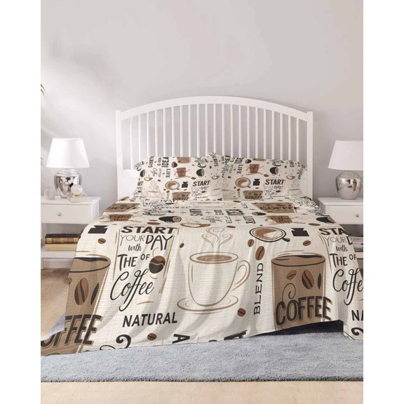 4 Piece Full Sheet Set Coffee Sheets Set for Full Size Bed, Breathable Soft Microfiber Bed Sheets Cooling Brown Beans Cup Dessert Drink Monochrome Fitted Sheet Deep Pocket, Pillowcases