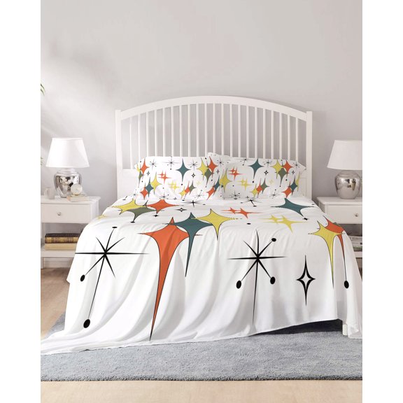 4 Piece Full Sheet Set Colorful Diamond Sheets Set for Full Size Bed, Breathable Soft Microfiber Bed Sheets Cooling Modern Geometric Middle Century White Fitted Sheet Deep Pocket, Pillowcases