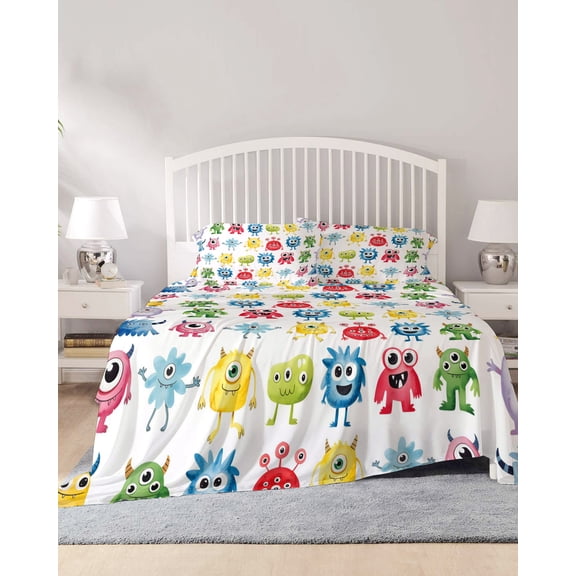 4 Piece Full Sheet Set Colorful Monsters Sheets Set for Full Size Bed, Breathable Soft Microfiber Bed Sheets Cooling Abstract Cartoon Cute Artistic Funny Fitted Sheet Deep Pocket, Pillowcases