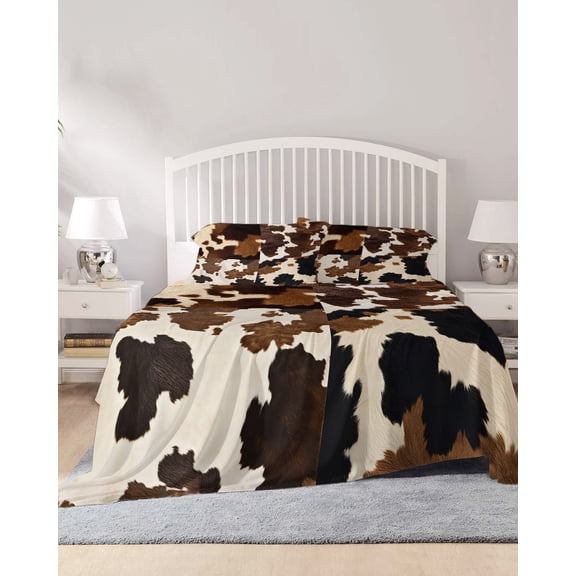 4 Piece Full Sheet Set Cow Patterned Sheets Set for Full Size Bed, Breathable Soft Microfiber Bed Sheets Cooling Vintage Farmhouse Abstract Country Western Fitted Sheet Deep Pocket, Pillowcases