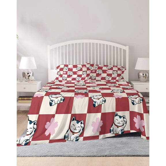 4 Piece Full Sheet Set Cute Cat Sheets Set for Full Size Bed, Breathable Soft Microfiber Bed Sheets Cooling Red White Plaid Cartoon Checkered Fitted Sheet Deep Pocket, Pillowcases