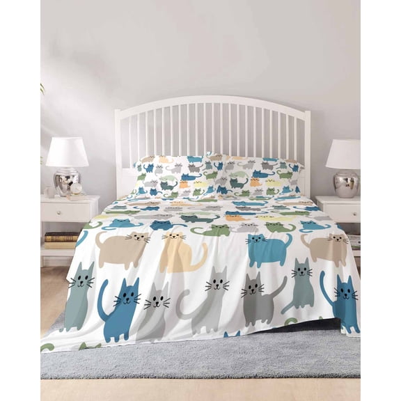 4 Piece Full Sheet Set Cute Cats Animals Sheets Set for Full Size Bed, Breathable Soft Microfiber Bed Sheets Cooling Pets Colorful Cartoon Simple Fitted Sheet Deep Pocket, Pillowcases
