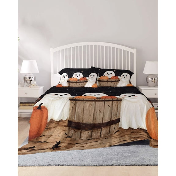 4 Piece Full Sheet Set Cute Ghosts Sheets Set for Full Size Bed, Breathable Soft Microfiber Bed Sheets Cooling Autumn Orange Napkins Harvest Black Night Fitted Sheet Deep Pocket, Pillowcases