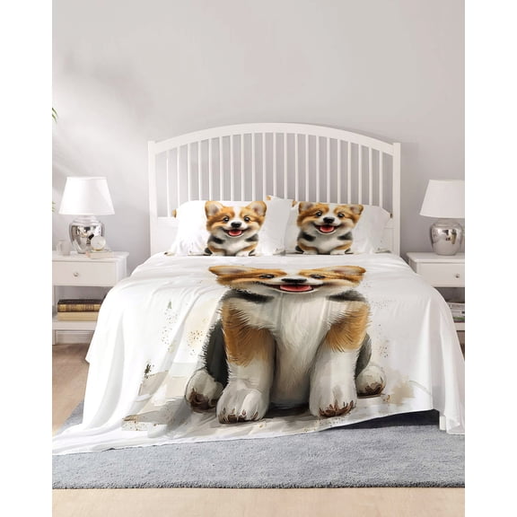 4 Piece Full Sheet Set Cute Puppy Sheets Set for Full Size Bed, Breathable Soft Microfiber Bed Sheets Cooling Modern Sitting Pet Dog Watercolor Fitted Sheet Deep Pocket, Pillowcases