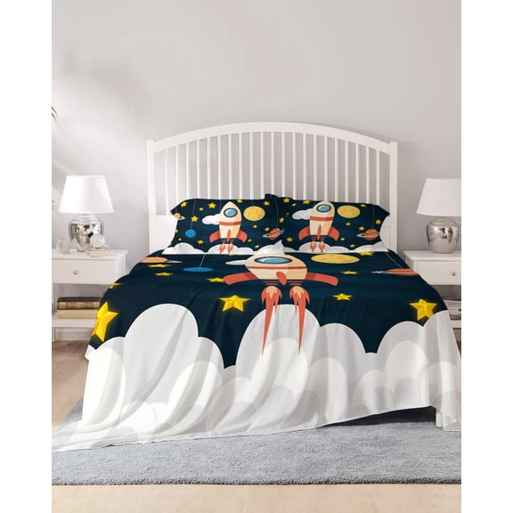 4 Piece Full Sheet Set Cute Rocket Sheets Set for Full Size Bed, Breathable Soft Microfiber Bed Sheets Cooling Space Star Cartoon Moon Fitted Sheet Deep Pocket, Pillowcases