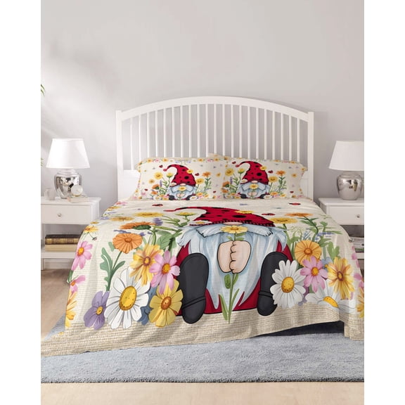 4 Piece Full Sheet Set Daisy Gnomes Sheets Set for Full Size Bed, Breathable Soft Microfiber Bed Sheets Cooling Farmhouse Pastoral Garden Floral Burlap Fitted Sheet Deep Pocket, Pillowcases