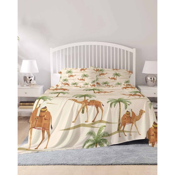 4 Piece Full Sheet Set Date Coconut Tree Sheets Set for Full Size Bed, Breathable Soft Microfiber Bed Sheets Cooling Desert Camels Botanical Tropical Beige Fitted Sheet Deep Pocket, Pillowcases