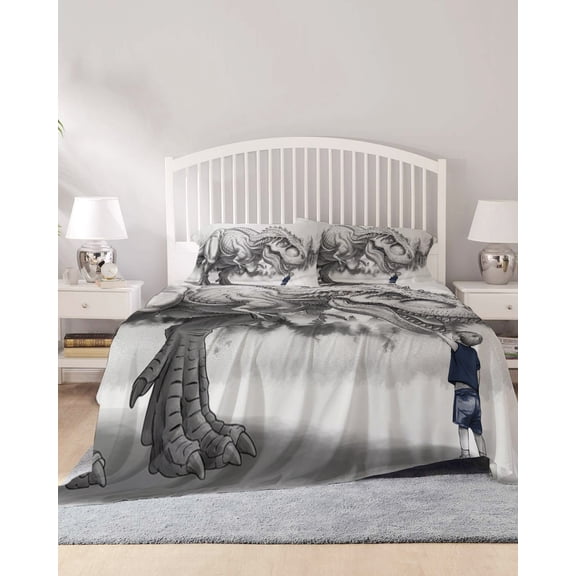 4 Piece Full Sheet Set Dinosaurs Boy Sheets Set for Full Size Bed, Breathable Soft Microfiber Bed Sheets Cooling Gray Funny Cartoon Forest Animals Fitted Sheet Deep Pocket, Pillowcases