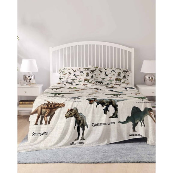 4 Piece Full Sheet Set Dinosaurs Sheets Set for Full Size Bed, Breathable Soft Microfiber Bed Sheets Cooling Natural Primitive Wild Animals Beige Fitted Sheet Deep Pocket, Pillowcases