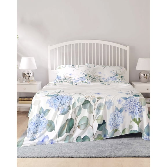 4 Piece Full Sheet Set Eucalyptus Flower Sheets Set for Full Size Bed, Breathable Soft Microfiber Bed Sheets Cooling Sage Green Leaf Blue Floral Watercolor Fitted Sheet Deep Pocket, Pillowcases