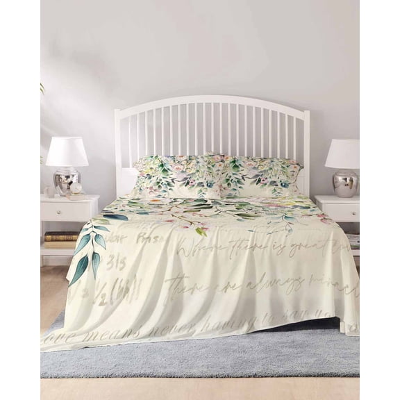 4 Piece Full Sheet Set Eucalyptus Leaves Sheets Set for Full Size Bed, Breathable Soft Microfiber Bed Sheets Cooling Farmhouse Sage Green Leaf Floral Plants Fitted Sheet Deep Pocket, Pillowcases