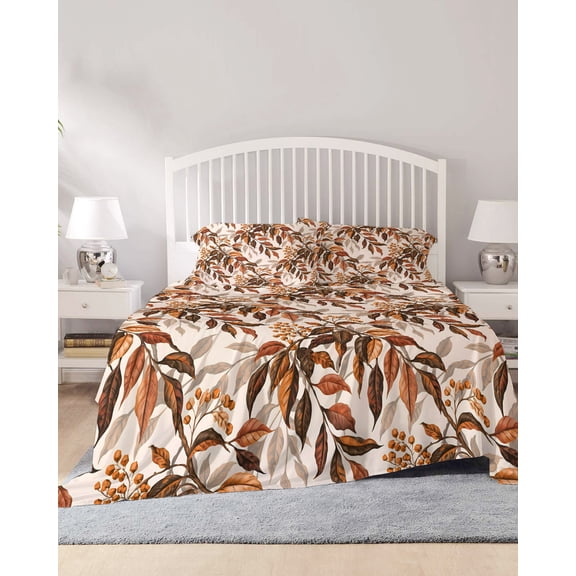 4 Piece Full Sheet Set Fall Leaf Sheets Set for Full Size Bed, Breathable Soft Microfiber Bed Sheets Cooling Autumn Rustic Retro Botanical Leaves Fitted Sheet Deep Pocket, Pillowcases