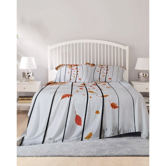 4 Piece Full Sheet Set Fall Maple Leaf Sheets Set for Full Size Bed, Breathable Soft Microfiber Bed Sheets Cooling Autumn Tree Leaves Retro Wooden Grain Fitted Sheet Deep Pocket, Pillowcases