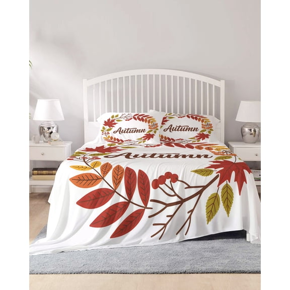 4 Piece Full Sheet Set Fall Maple Leaves Sheets Set for Full Size Bed, Breathable Soft Microfiber Bed Sheets Cooling Autumn Plants Rustic Branch Country Fitted Sheet Deep Pocket, Pillowcases