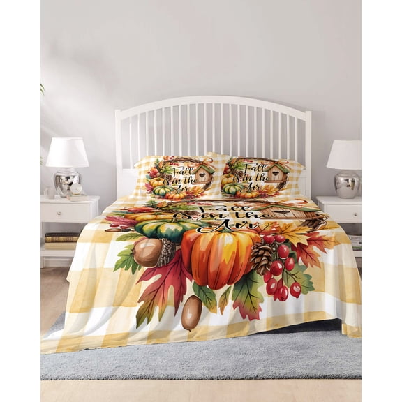 4 Piece Full Sheet Set Fall Pumpkin Sheets Set for Full Size Bed, Breathable Soft Microfiber Bed Sheets Cooling Thanksgiving Orange Check Maple Cabin Fitted Sheet Deep Pocket, Pillowcases