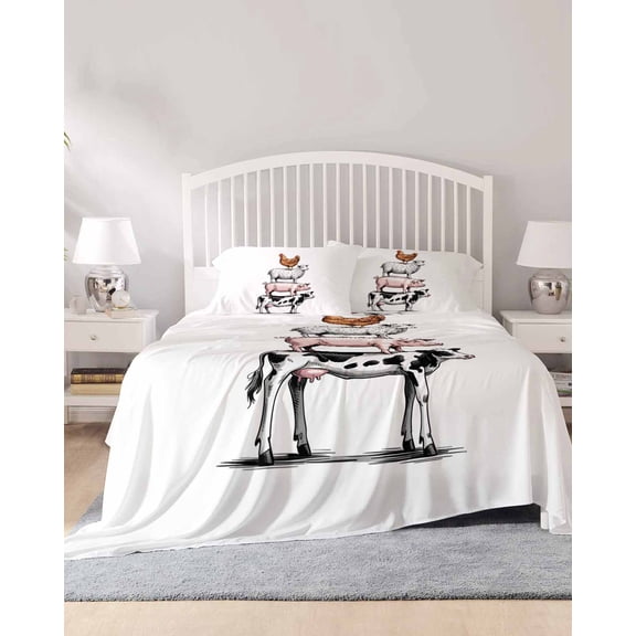4 Piece Full Sheet Set Farm Animals Sheets Set for Full Size Bed, Breathable Soft Microfiber Bed Sheets Cooling Watercolor Farmhouse Cow Pig Chickens Sheeps Fitted Sheet Deep Pocket, Pillowcases