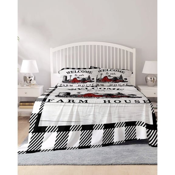 4 Piece Full Sheet Set Farmhouse Cabin Sheets Set for Full Size Bed, Breathable Soft Microfiber Bed Sheets Cooling Country Vintage House Wood Grain Pliad Fitted Sheet Deep Pocket, Pillowcases