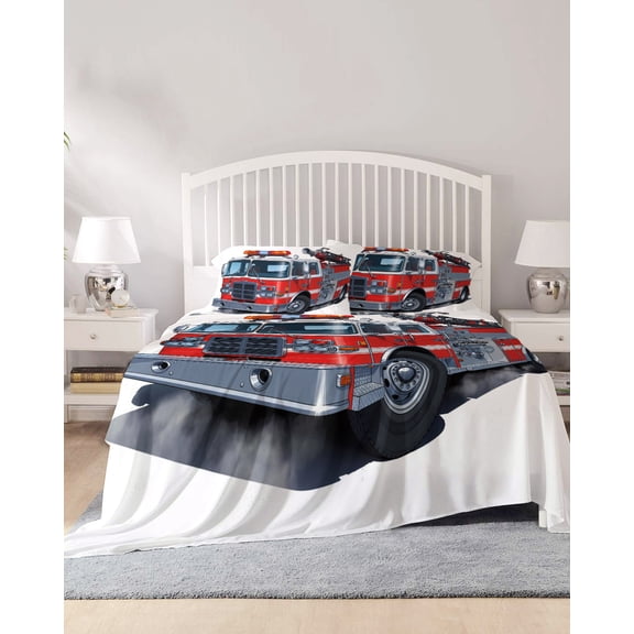 4 Piece Full Sheet Set Fire Trucks Sheets Set for Full Size Bed, Breathable Soft Microfiber Bed Sheets Cooling Modern Cartoons Vehicles Fitted Sheet Deep Pocket, Pillowcases