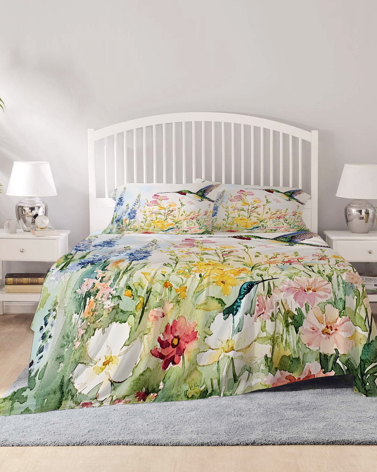 4 Piece Full Sheet Set Floral Hummingbird Sheets Set for Full Size Bed ...