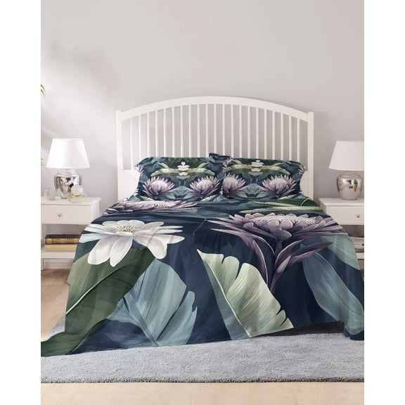4 Piece Full Sheet Set Flower Plant Sheets Set for Full Size Bed, Breathable Soft Microfiber Bed Sheets Cooling Vintage Floral Nature Watercolor Palm Leaf Fitted Sheet Deep Pocket, Pillowcases