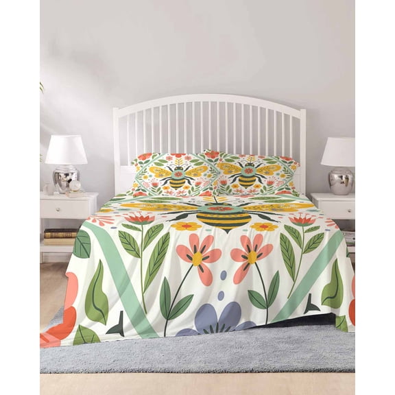 4 Piece Full Sheet Set Flowers Bee Sheets Set for Full Size Bed, Breathable Soft Microfiber Bed Sheets Cooling Retro Country Botanical Floral Plants Dots Fitted Sheet Deep Pocket, Pillowcases