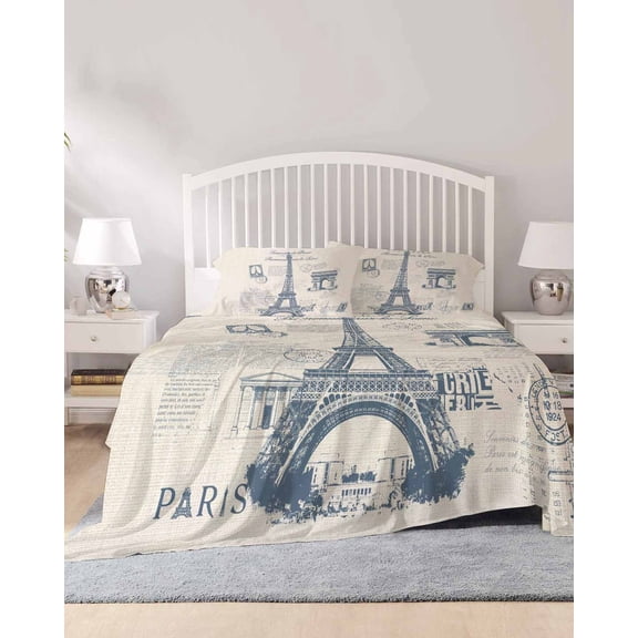 4 Piece Full Sheet Set France Towers Sheets Set for Full Size Bed, Breathable Soft Microfiber Bed Sheets Cooling Retro Hand-Painted Seal Architectural Art Fitted Sheet Deep Pocket, Pillowcases