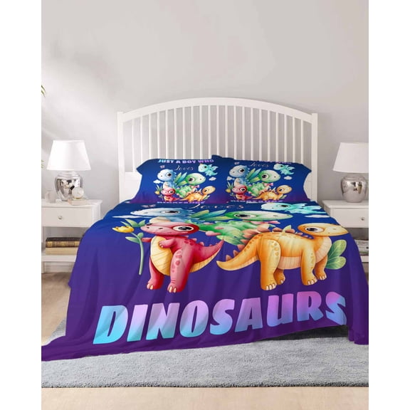 4 Piece Full Sheet Set Funny Dinosaur Sheets Set for Full Size Bed, Breathable Soft Microfiber Bed Sheets Cooling Cute Dino Purple Cartoon Boys Girls Children Fitted Sheet Deep Pocket, Pillowcases