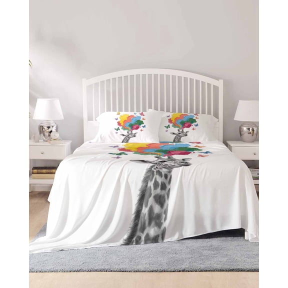 4 Piece Full Sheet Set Funny Giraffes Sheets Set for Full Size Bed, Breathable Soft Microfiber Bed Sheets Cooling Modern Abstract Art Colorful Clouds Fitted Sheet Deep Pocket, Pillowcases