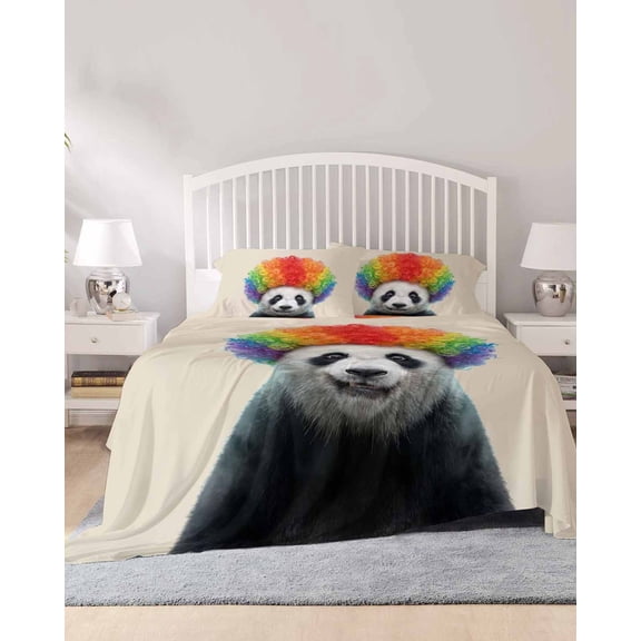 4 Piece Full Sheet Set Funny Panda Sheets Set for Full Size Bed, Breathable Soft Microfiber Bed Sheets Cooling Rainbow Abstract Animals Fitted Sheet Deep Pocket, Pillowcases