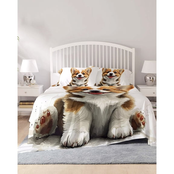 4 Piece Full Sheet Set Funny Puppy Sheets Set for Full Size Bed, Breathable Soft Microfiber Bed Sheets Cooling Modern Simple Cute Dog Animal Portrait Fitted Sheet Deep Pocket, Pillowcases