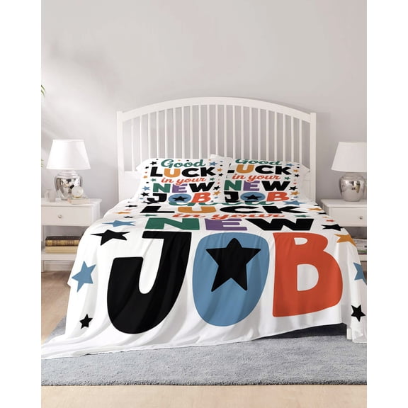 4 Piece Full Sheet Set Funny Words Sheets Set for Full Size Bed, Breathable Soft Microfiber Bed Sheets Cooling Cartoon Colorful New Job Star Fitted Sheet Deep Pocket, Pillowcases