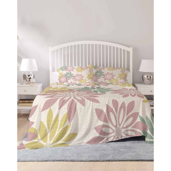 4 Piece Full Sheet Set Geometric Flower Sheets Set for Full Size Bed, Breathable Soft Microfiber Bed Sheets Cooling Vintage Country Floral Pink Green on Linen Fitted Sheet Deep Pocket, Pillowcases