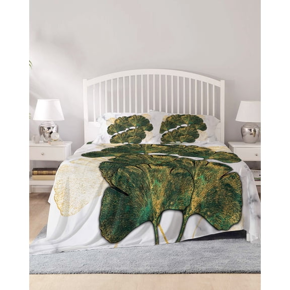 4 Piece Full Sheet Set Ginkgo Leaves Sheets Set for Full Size Bed, Breathable Soft Microfiber Bed Sheets Cooling Marble Modern Abstract Art Green Golden Fitted Sheet Deep Pocket, Pillowcases