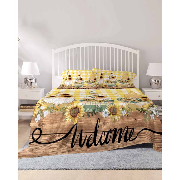 4 Piece Full Sheet Set Gnomes Sunflower Sheets Set for Full Size Bed, Breathable Soft Microfiber Bed Sheets Cooling Yellow Checkered Pastoral Botanical Wooden Fitted Sheet Deep Pocket, Pillowcases