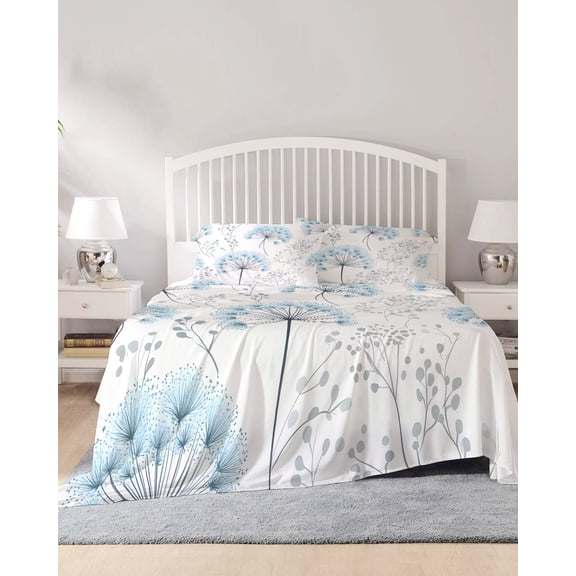 4 Piece Full Sheet Set Gray Blue Floral Spring Sheets Set for Full Size Bed, Breathable Soft Microfiber Bed Sheets Cooling Country Summer Botanical Fitted Sheet Deep Pocket, Pillowcases