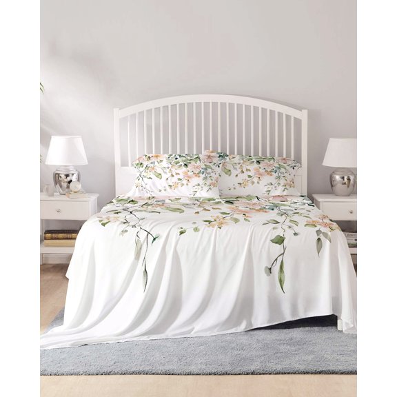 4 Piece Full Sheet Set Green Eucalyptus Leaves Sheets Set for Full Size Bed, Breathable Soft Microfiber Bed Sheets Cooling Spring Floral Rustic Botanical Fitted Sheet Deep Pocket, Pillowcases