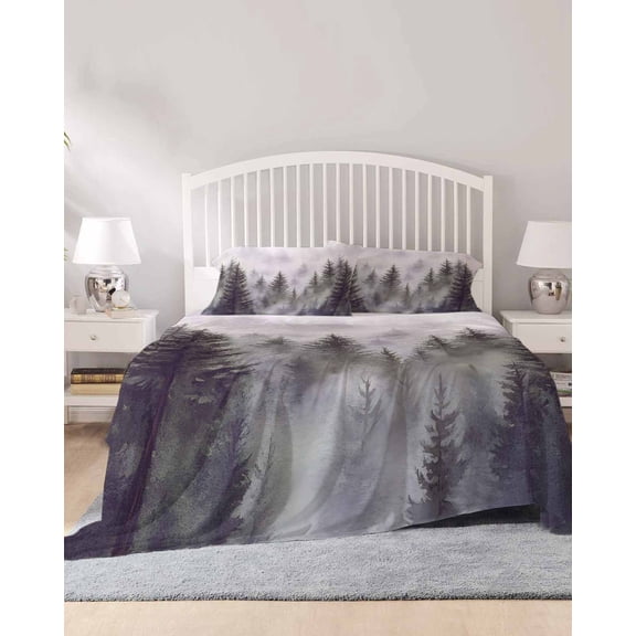 4 Piece Full Sheet Set Green Forest Sheets Set for Full Size Bed, Breathable Soft Microfiber Bed Sheets Cooling Vintage Rustic Pine Trees Nature Landscape Fitted Sheet Deep Pocket, Pillowcases