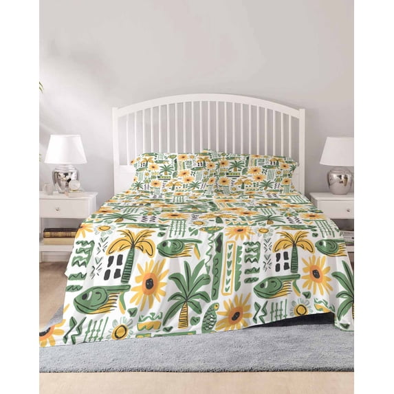 4 Piece Full Sheet Set Green Palm Coastal Sheets Set for Full Size Bed ...