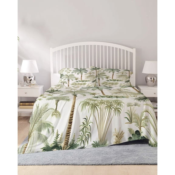 4 Piece Full Sheet Set Green Palm Tree Sheets Set for Full Size Bed, Breathable Soft Microfiber Bed Sheets Cooling Summer Tropical Botanical Fitted Sheet Deep Pocket, Pillowcases